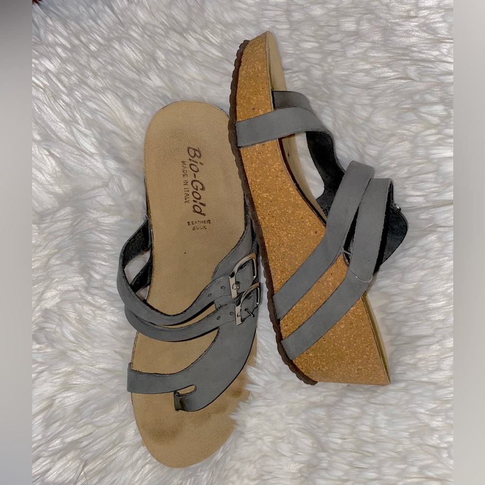 Bio Gold Sandals Gray Cork Leather Bohemian Comfort Platform Wedge